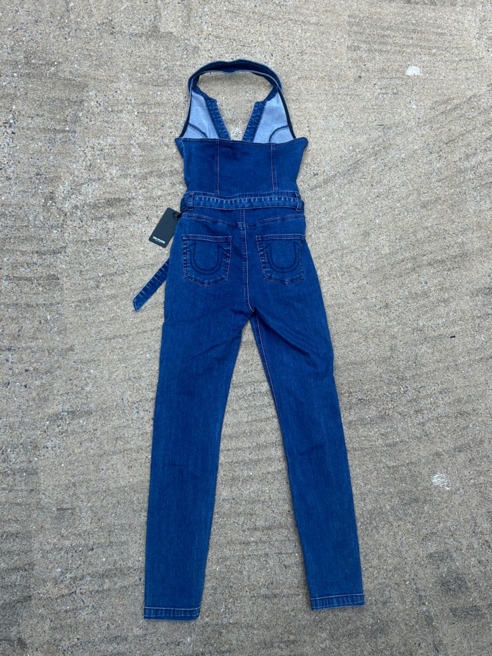 NWT True Religion Dark Blue Denim Halter Jumpsuit with Tie Waist - Picture 6 of 13